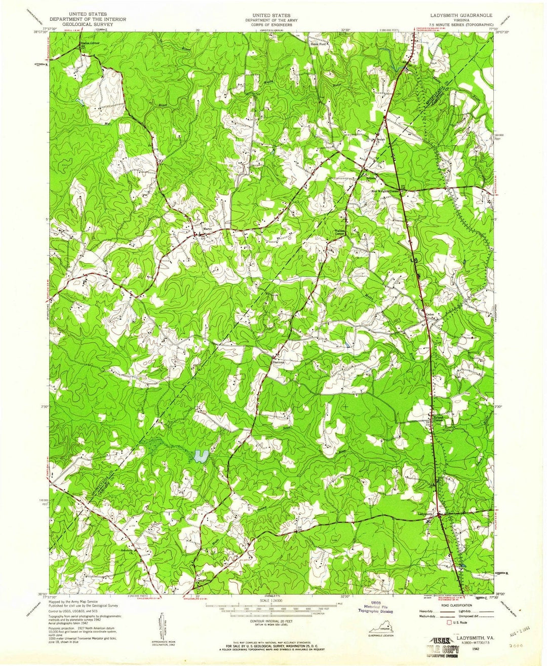 1942 Ladysmith, VA - Virginia - USGS Topographic Map