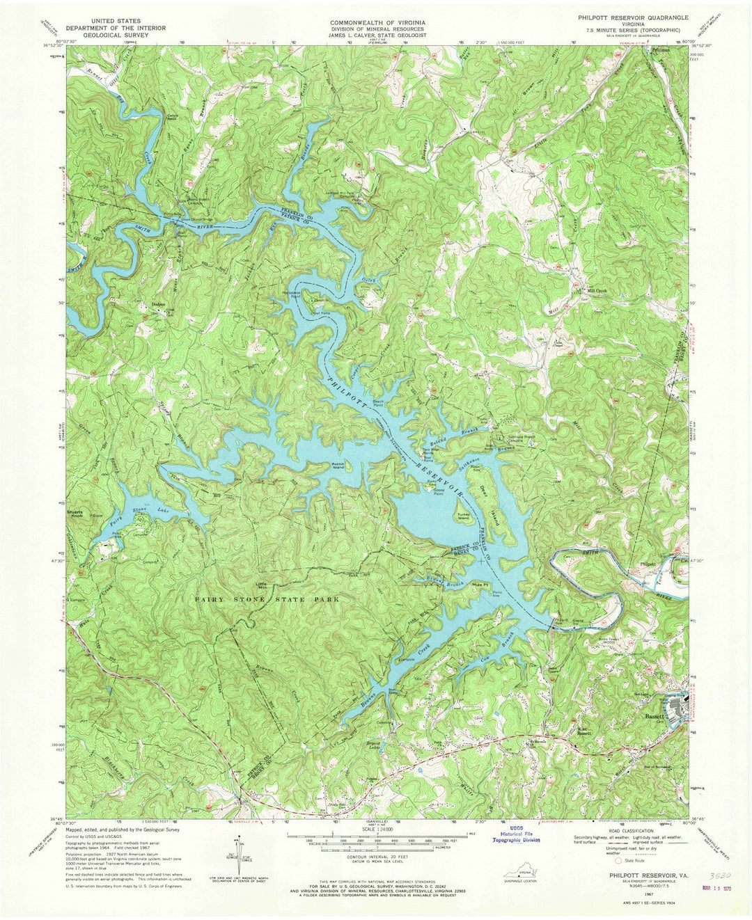 1967 Philpott Reservoir, VA - Virginia - USGS Topographic Map