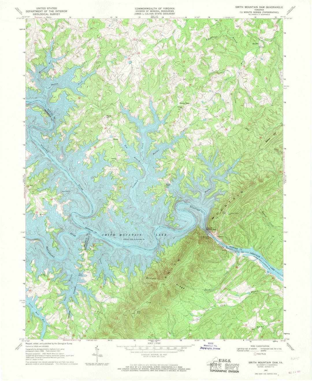 1967 Smith Mountainam, VA - Virginia - USGS Topographic Map
