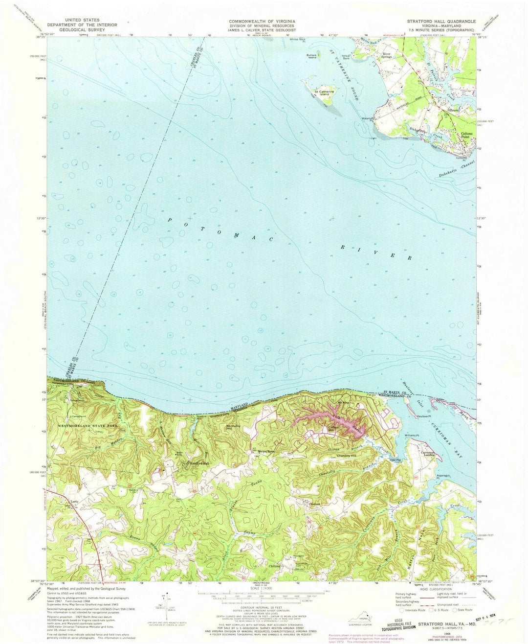 1968 Stratford Hall, VA - Virginia - USGS Topographic Map