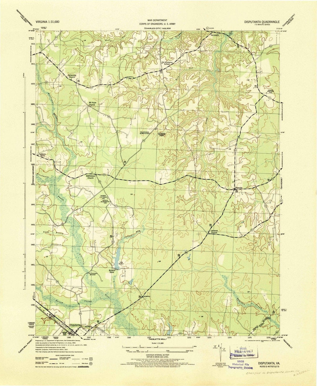 1943 Disputanta, VA - Virginia - USGS Topographic Map