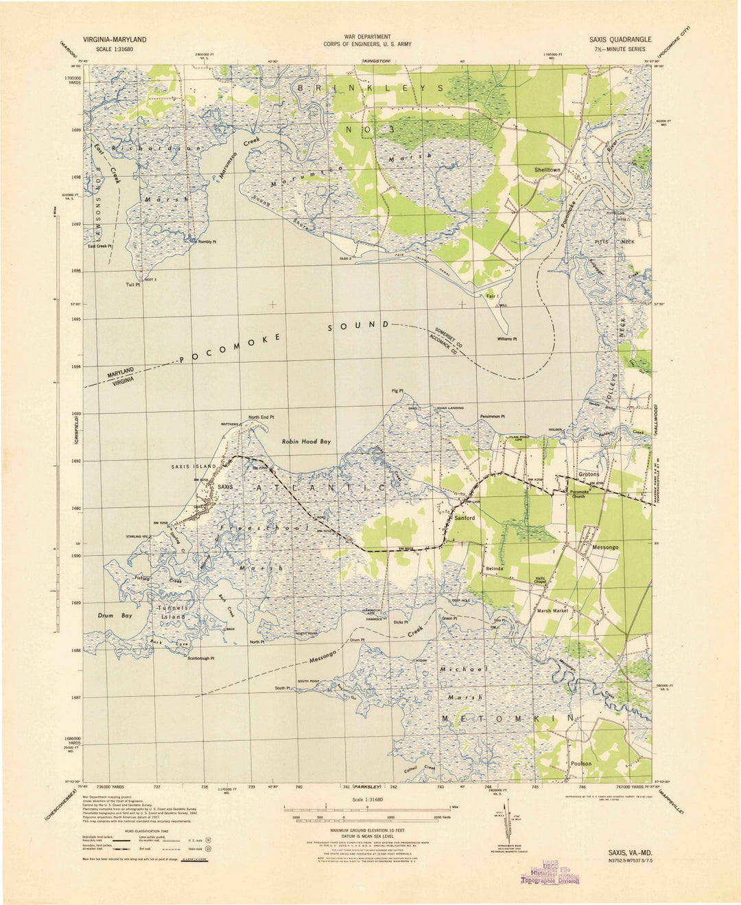 1943 Saxis, VA - Virginia - USGS Topographic Map