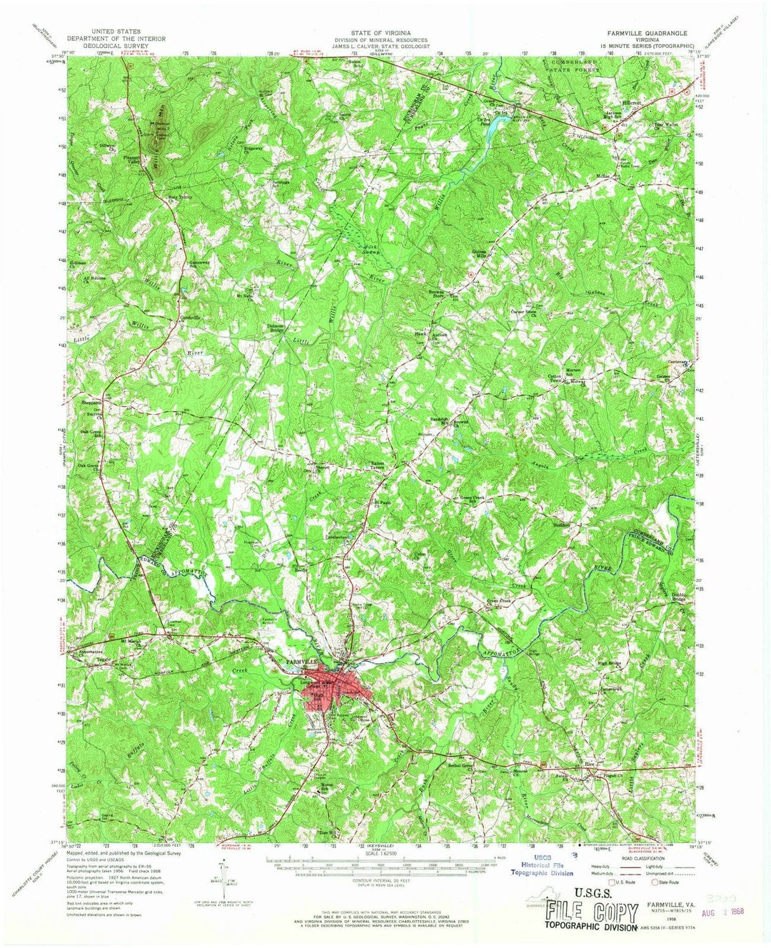 1958 Farmville, VA - Virginia - USGS Topographic Map