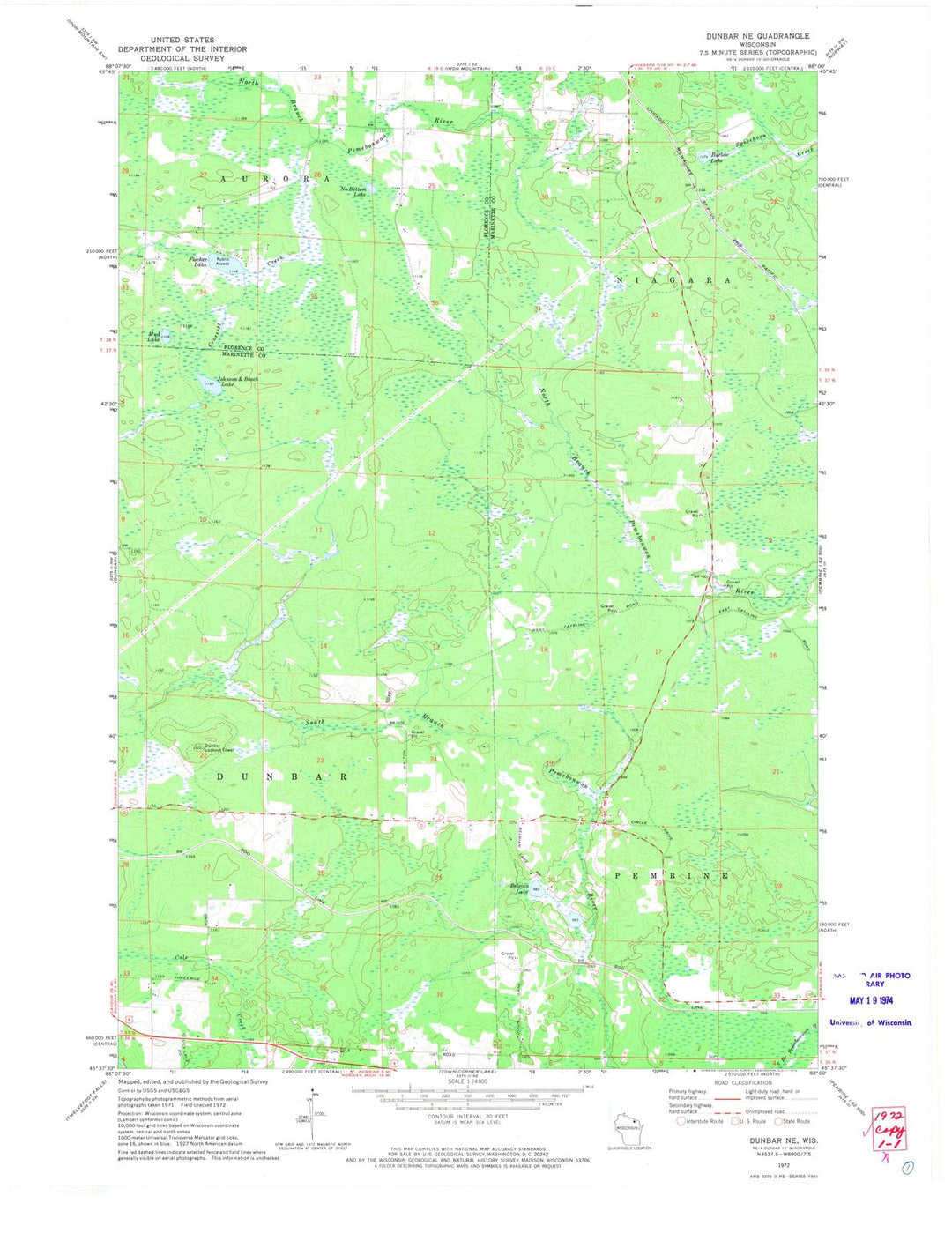 1972 Dunbar, WI - Wisconsin - USGS Topographic Map