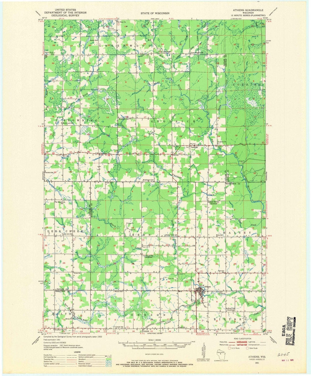 1951 Athens, WI - Wisconsin - USGS Topographic Map