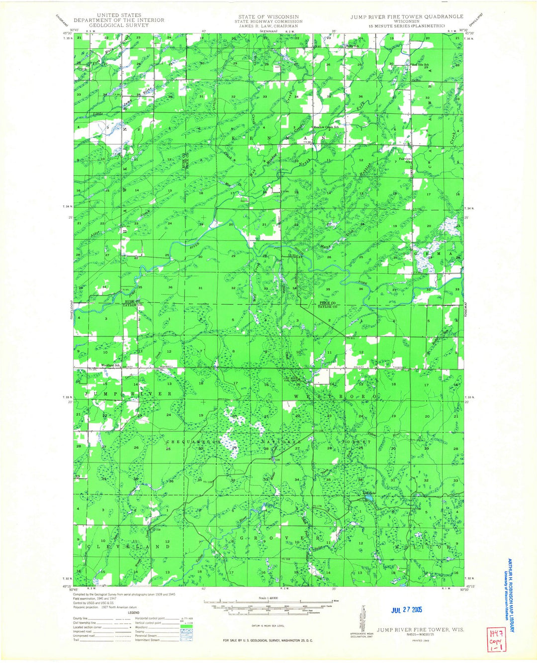 1949 Jump River Fire Tower, WI - Wisconsin - USGS Topographic Map