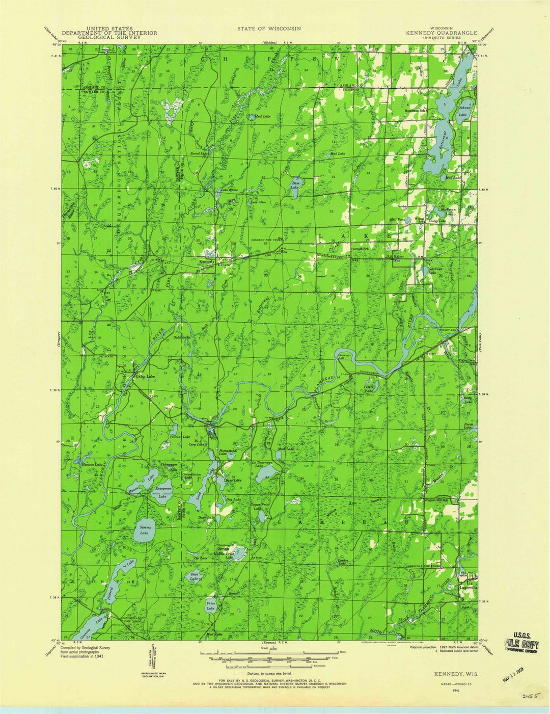 1941 Kennedy, WI - Wisconsin - USGS Topographic Map
