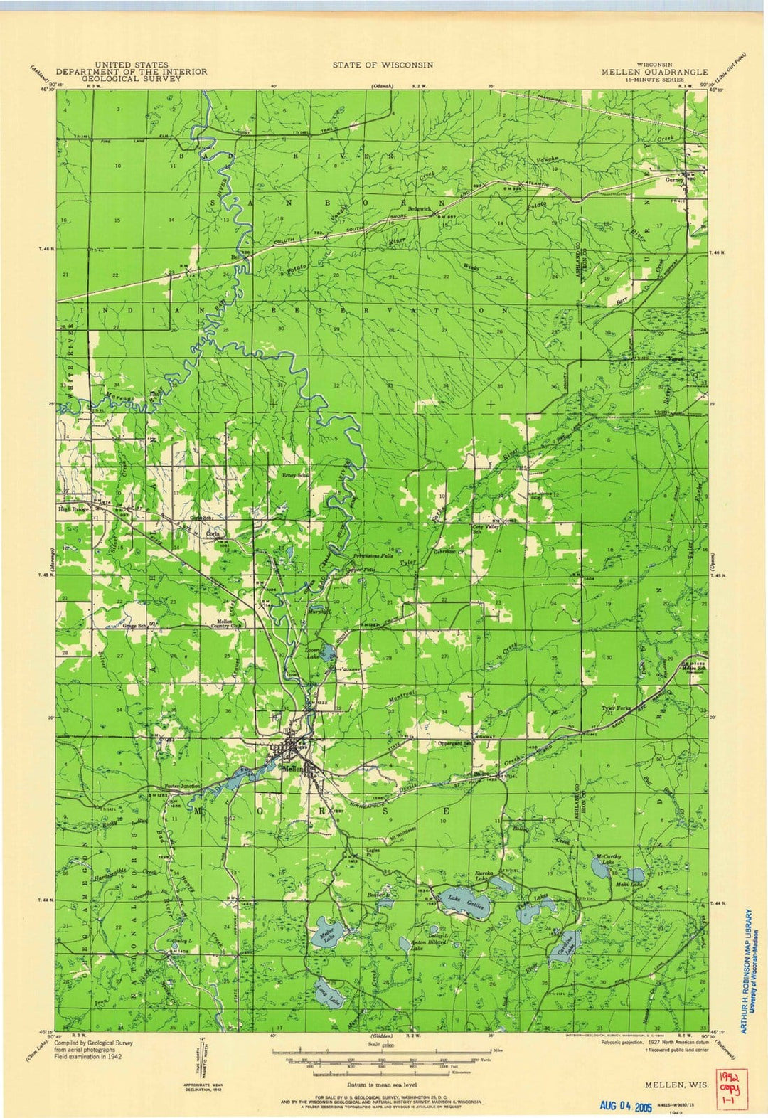 1942 Mellen, WI - Wisconsin - USGS Topographic Map