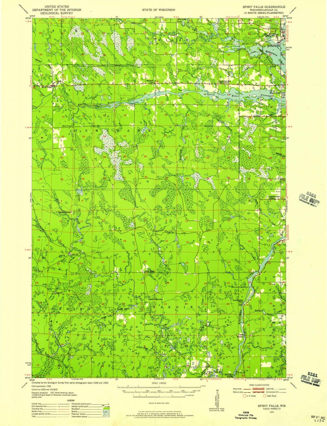 1950 Spirit Falls, WI - Wisconsin - USGS Topographic Map