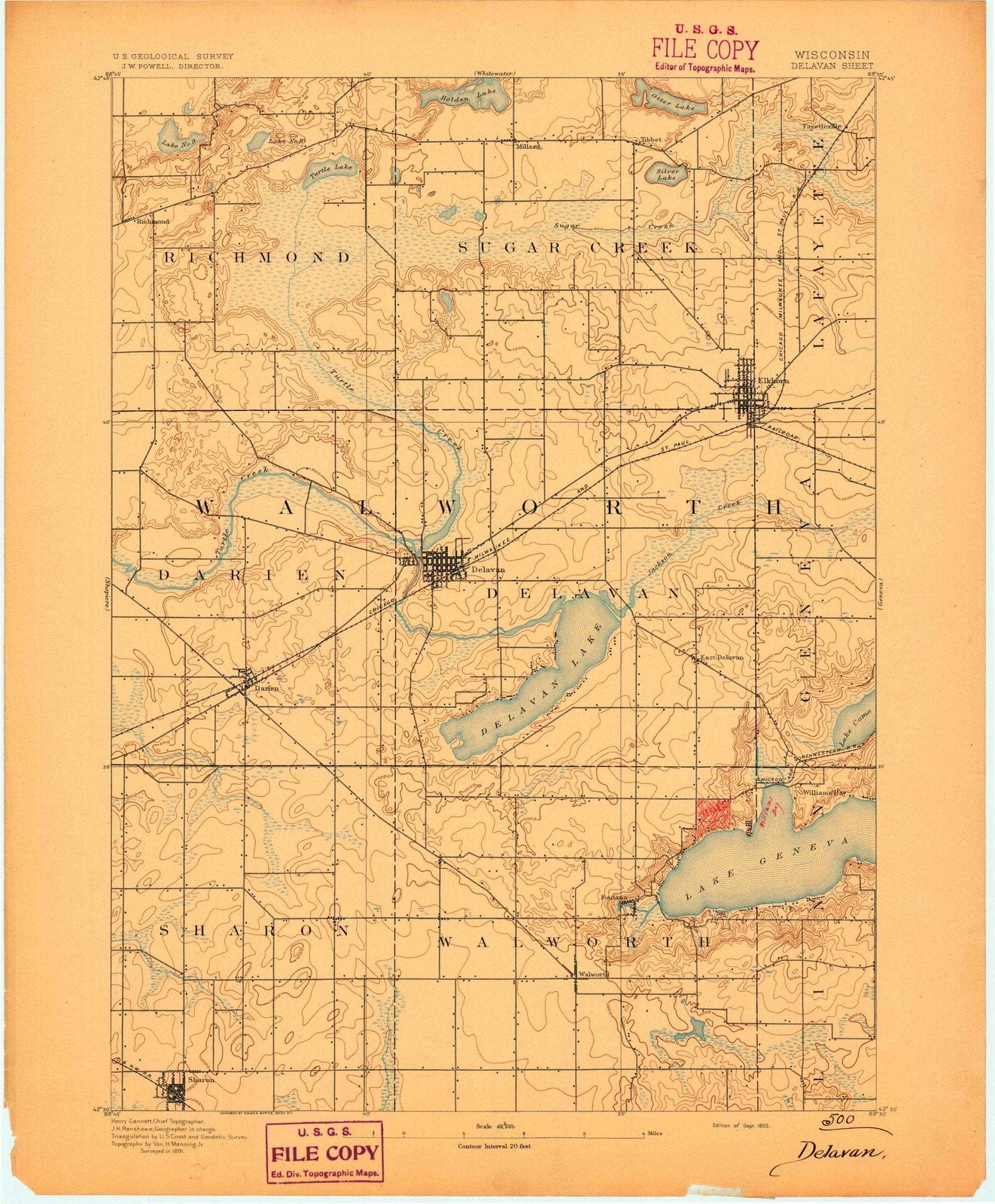 1893 Delavan, WI - Wisconsin - USGS Topographic Map