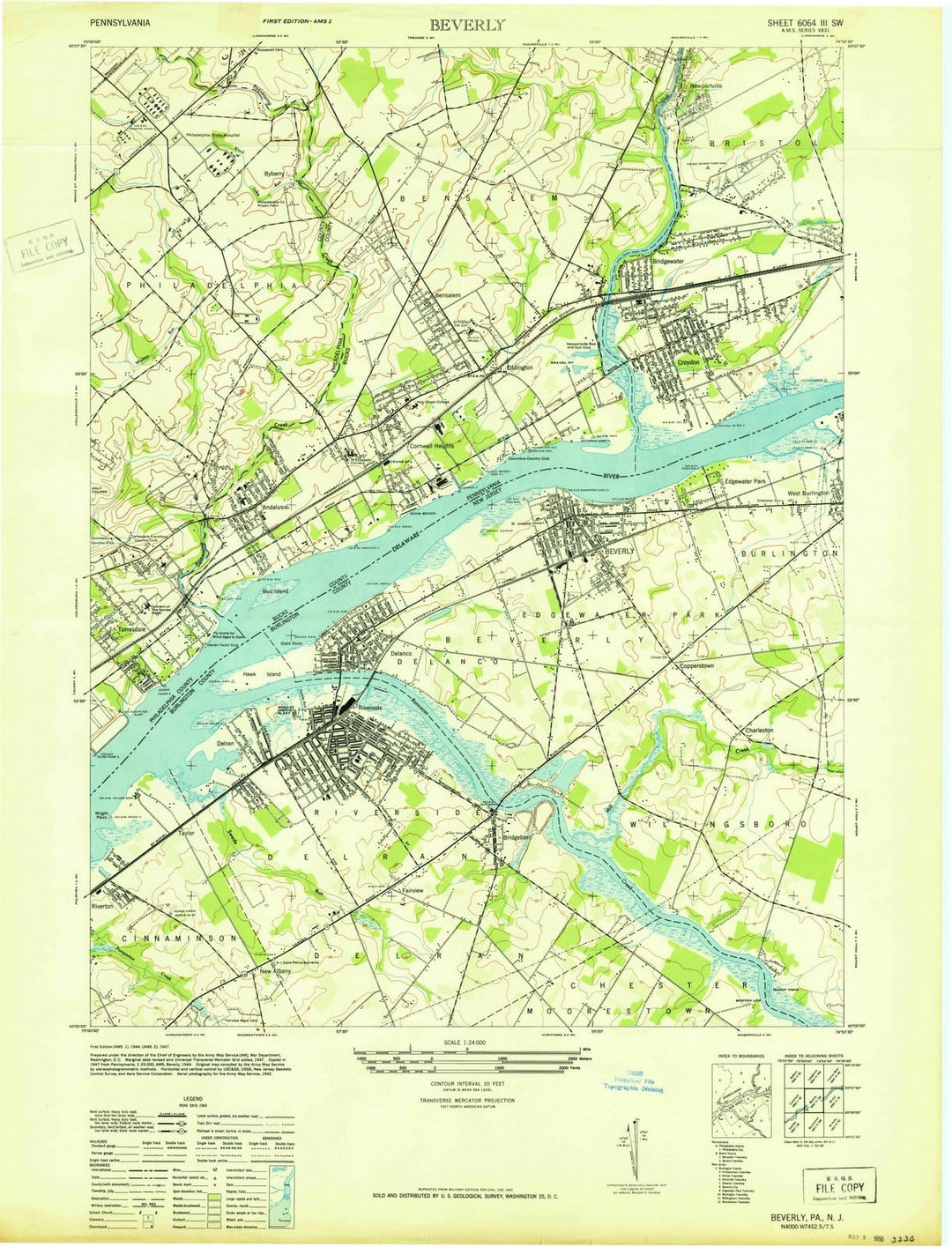 1947 Beverly, NJ - New Jersey - USGS Topographic Map