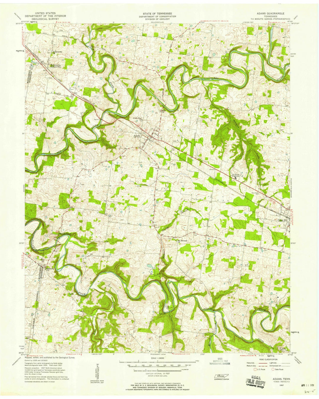 1957 Adams, TN - Tennessee - USGS Topographic Map