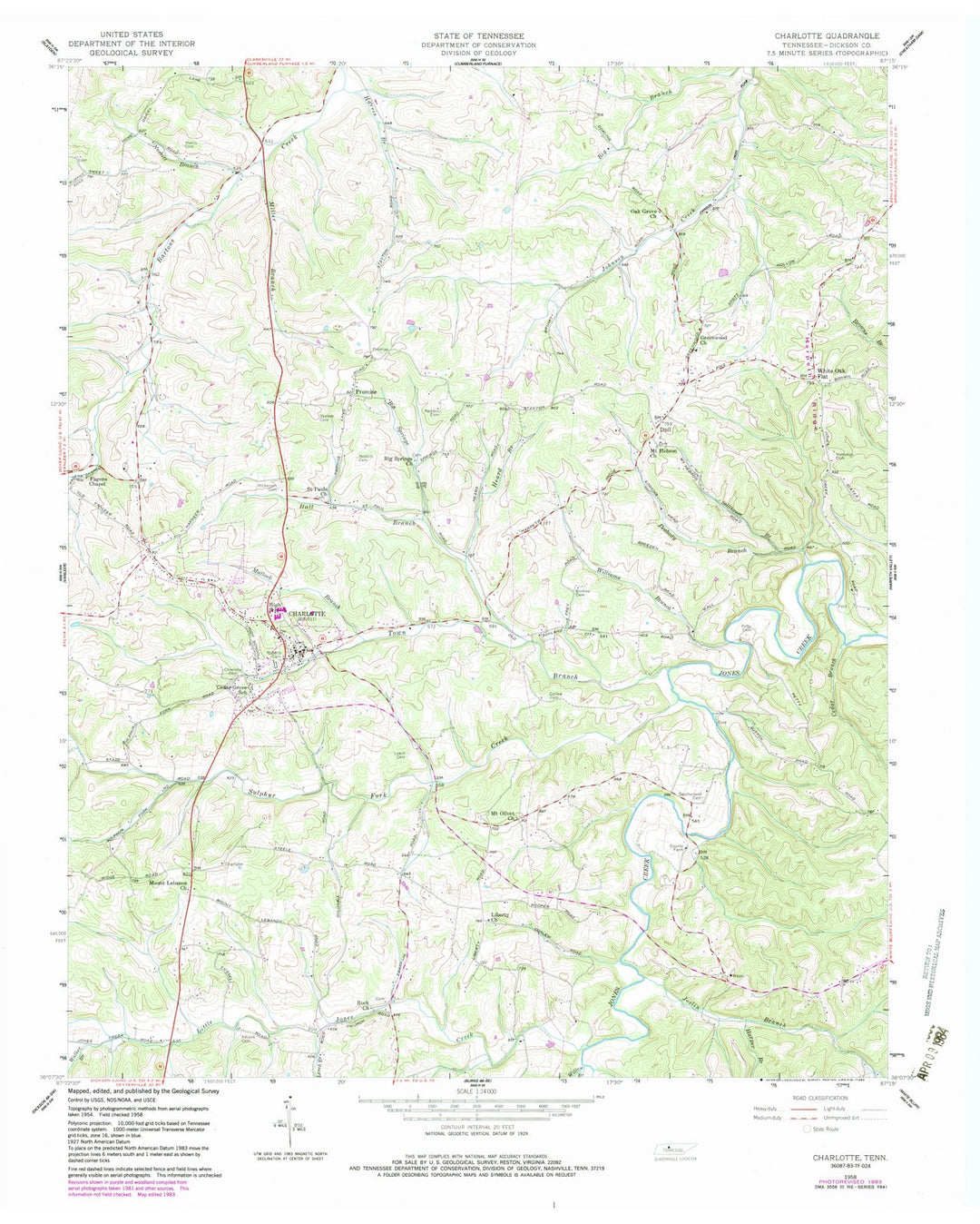 1958 Charlotte, TN - Tennessee - USGS Topographic Map