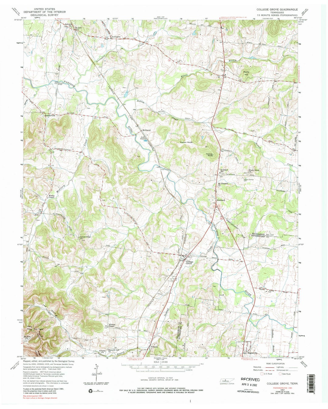1957 College Grove, TN - Tennessee - USGS Topographic Map