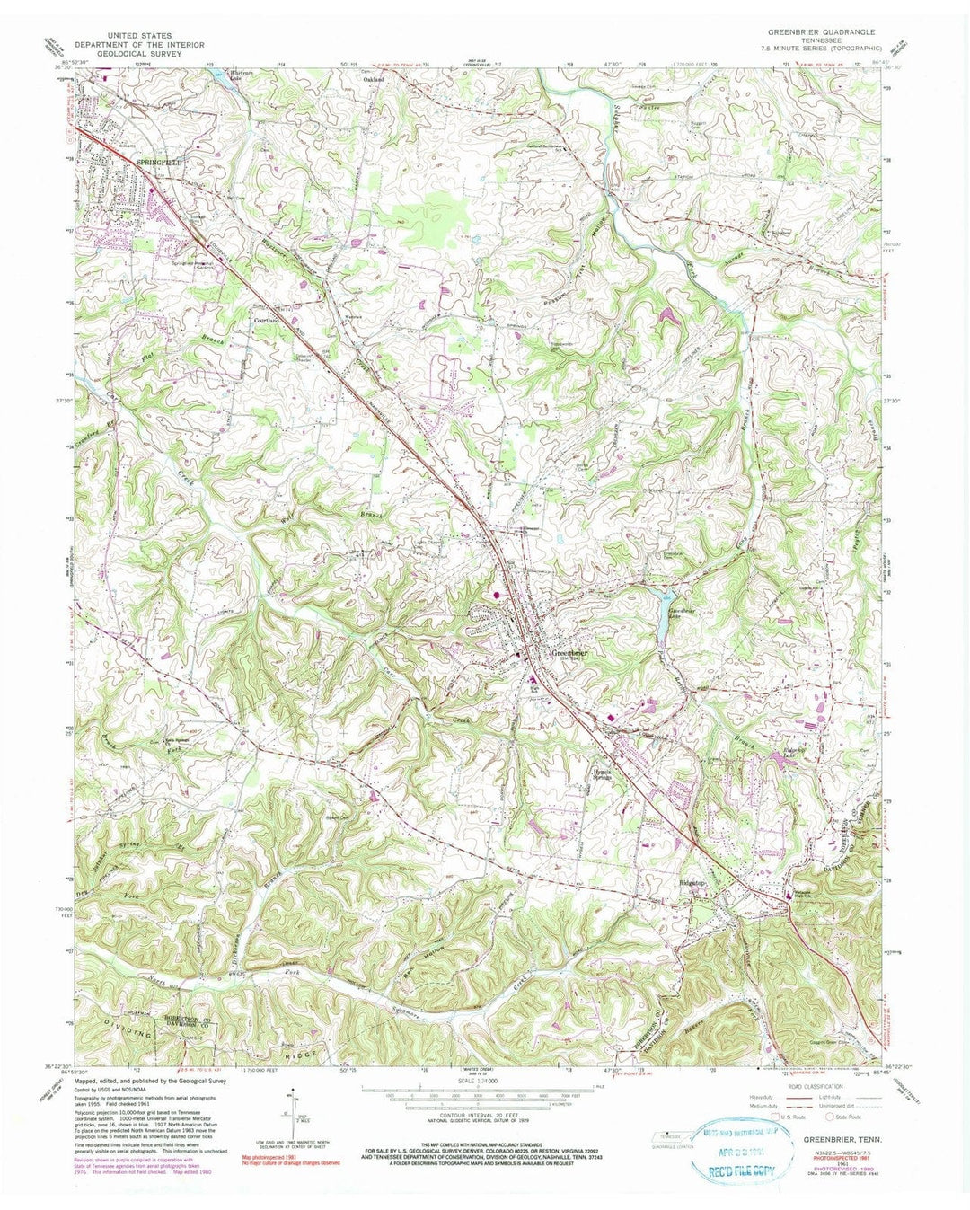 1961 Greenbrier, TN - Tennessee - USGS Topographic Map