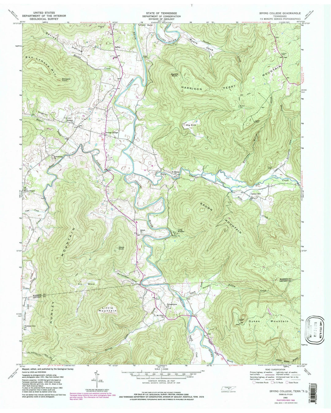 1960 Irving College, TN - Tennessee - USGS Topographic Map