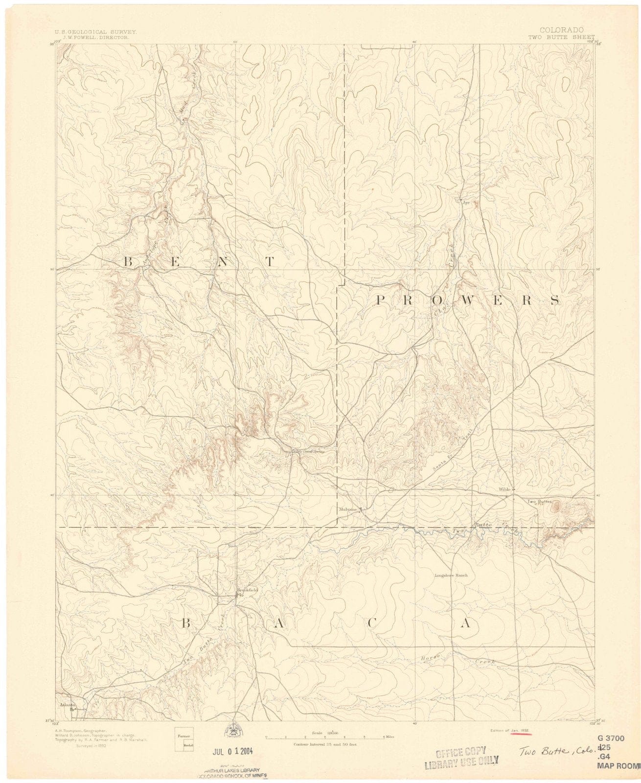 1892 Two Butte, CO - Colorado - USGS Topographic Map