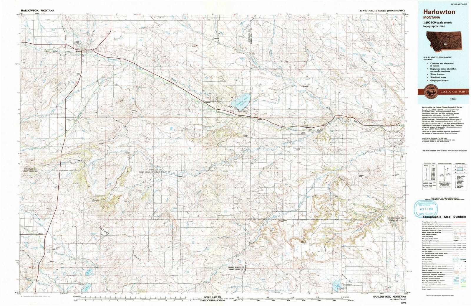 1993 Harlowton, MT Montana USGS Topographic Map Historic Pictoric