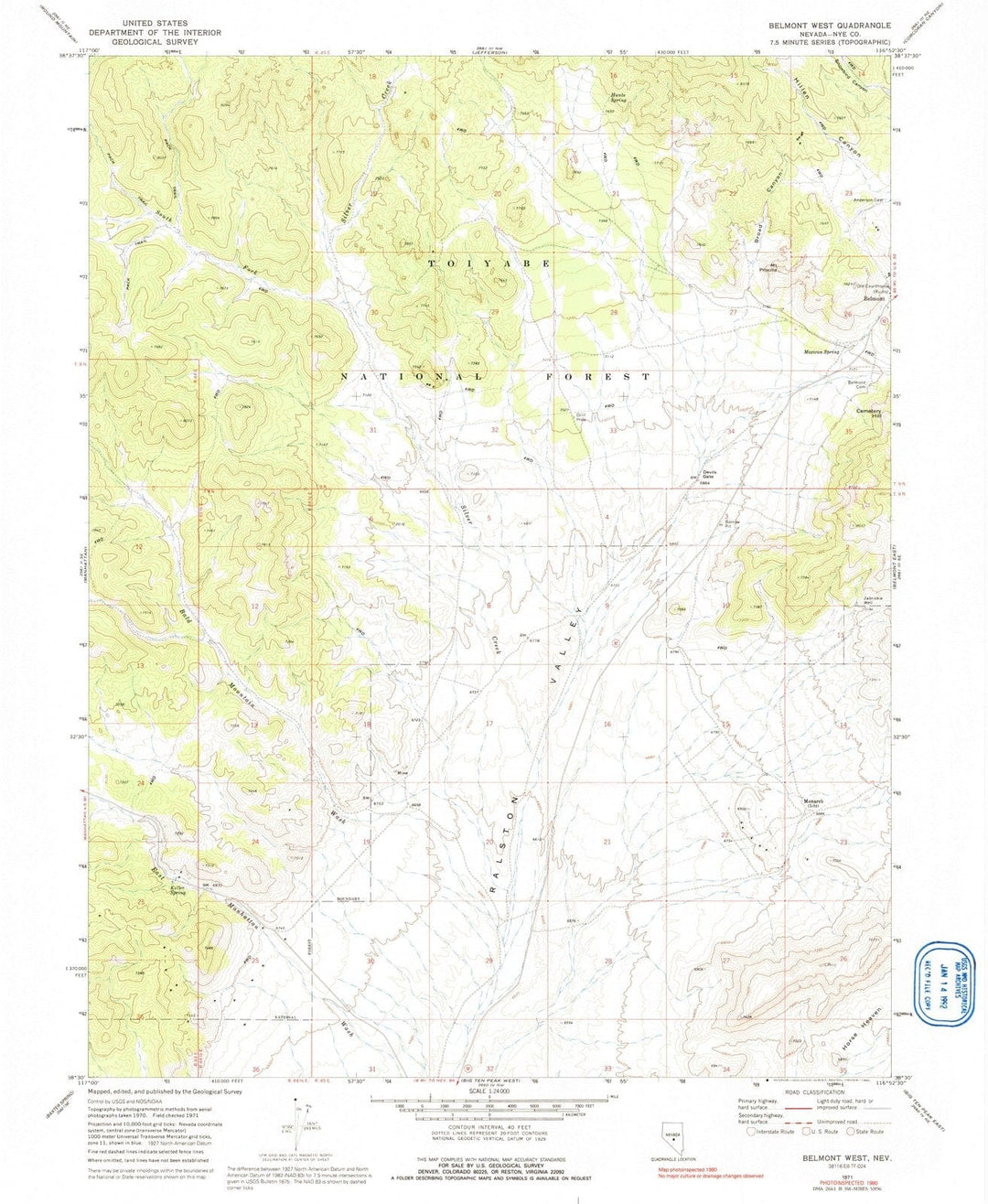 1971 Belmont West, NV - Nevada - USGS Topographic Map
