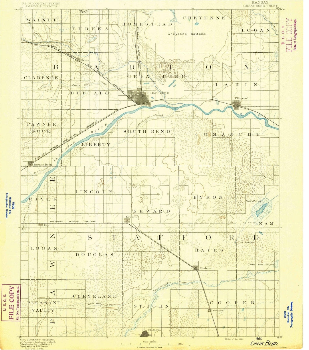 1891 Great Bend, KS - Kansas - USGS Topographic Map