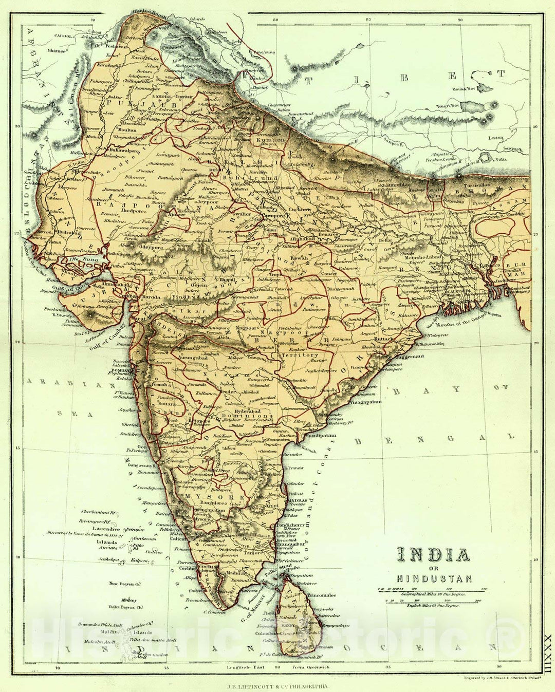 Historic Map : 1869 India or Hindustan : Vintage Wall Art