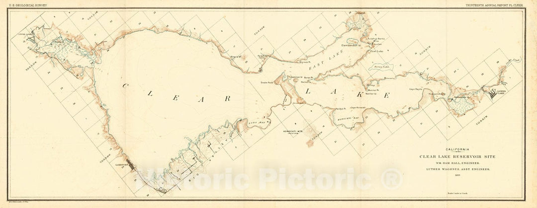 Historic Map : 1889 California, Clear Lake Reservoir Site : Vintage Wall Art