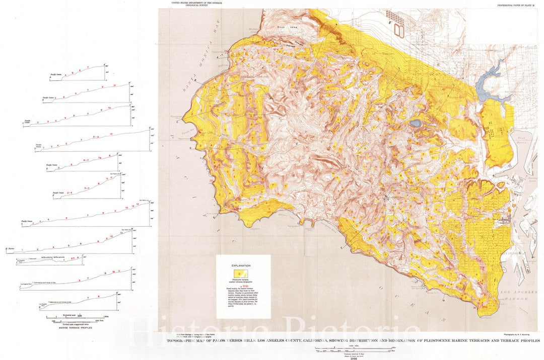 Historic Map : 1946 Topographic map of Palos Verdes Hills, Los Angeles County, California, showing distribution of Pleistocene Marine Terraces and terrace profiles : Vintage Wall Art