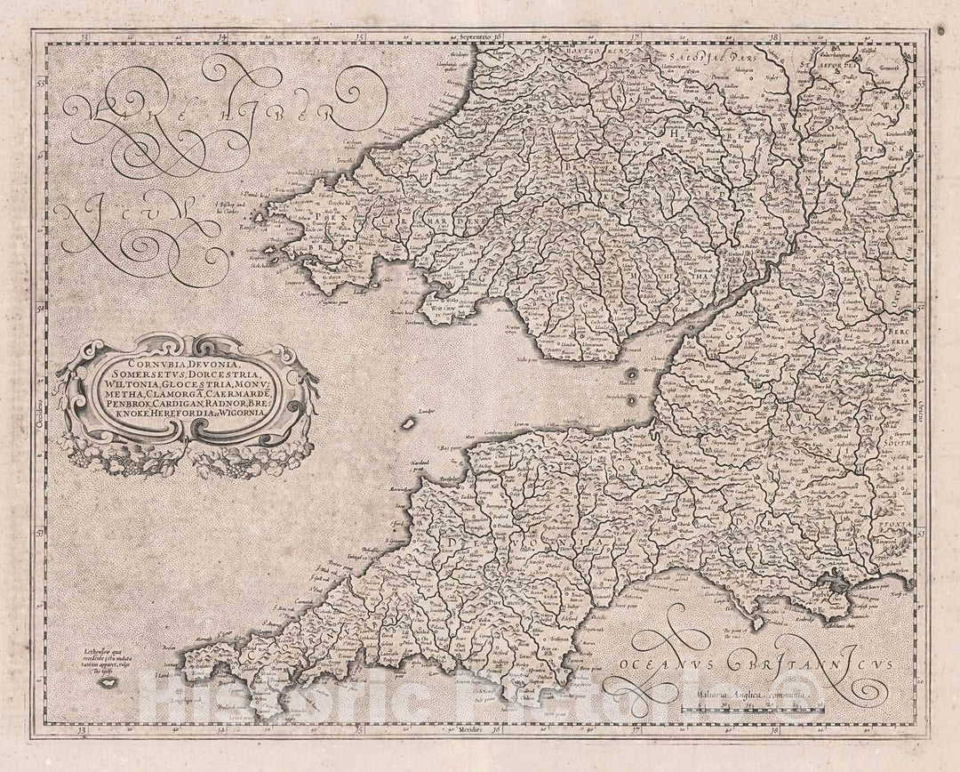 Historic Map : 1630 Mercator Map of Cornwall, Devon, Somerset, Dorset, Wilton, Glocestria, Monumetha, Clamorga, Caermardi, Pembroke, Cardigan,Hereford and Worcester : Vintage Wall Art