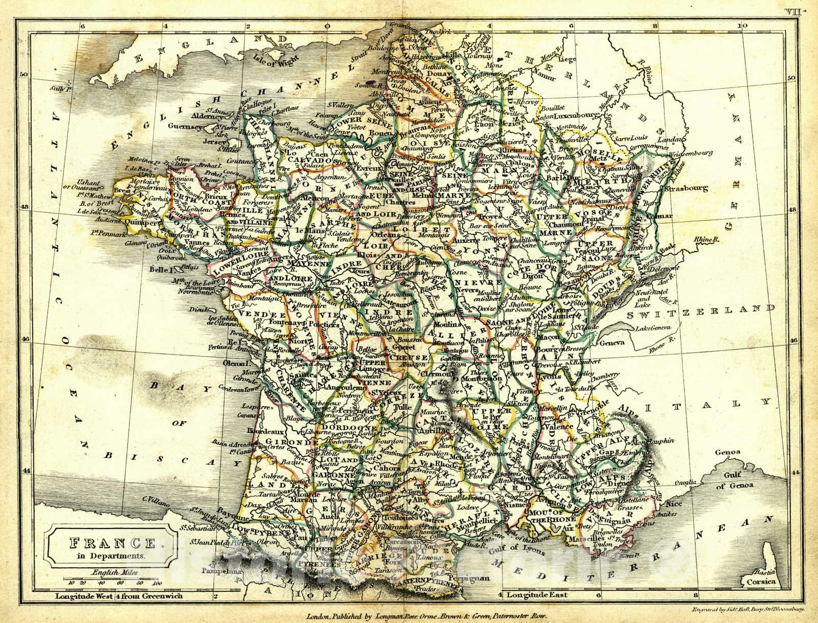 Historic Map : 1830 France in Departments : Vintage Wall Art