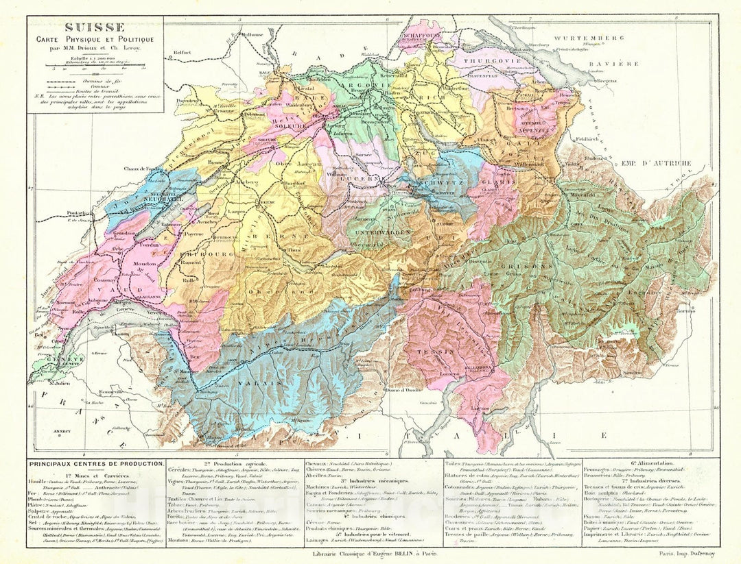 Historic Map : 1881 Suisse Carte Physique et Politique : Vintage Wall Art