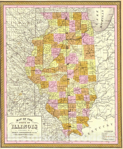 Historic Map : 1850 Map of the State of Illinois : Vintage Wall Art