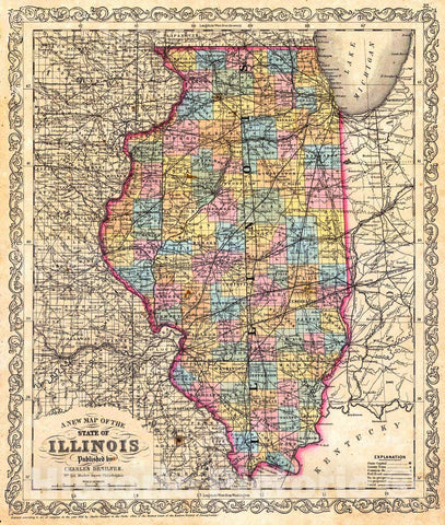 Historic Map : 1856 A New Map of the State of Illinois : Vintage Wall Art