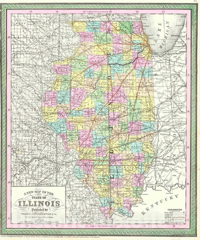 Historic Map : 1858 A New Map of the State of Illinois : Vintage Wall Art