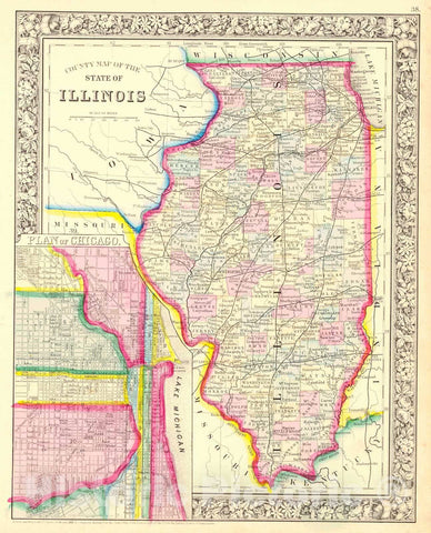 Historic Map : 1861 County Map of the State of Illinois : Vintage Wall Art