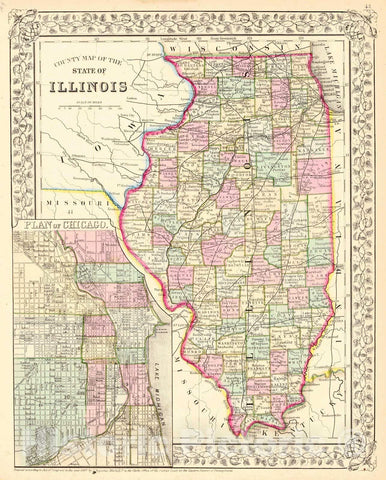 Historic Map : 1867 County Map of the State of Illinois : Vintage Wall Art