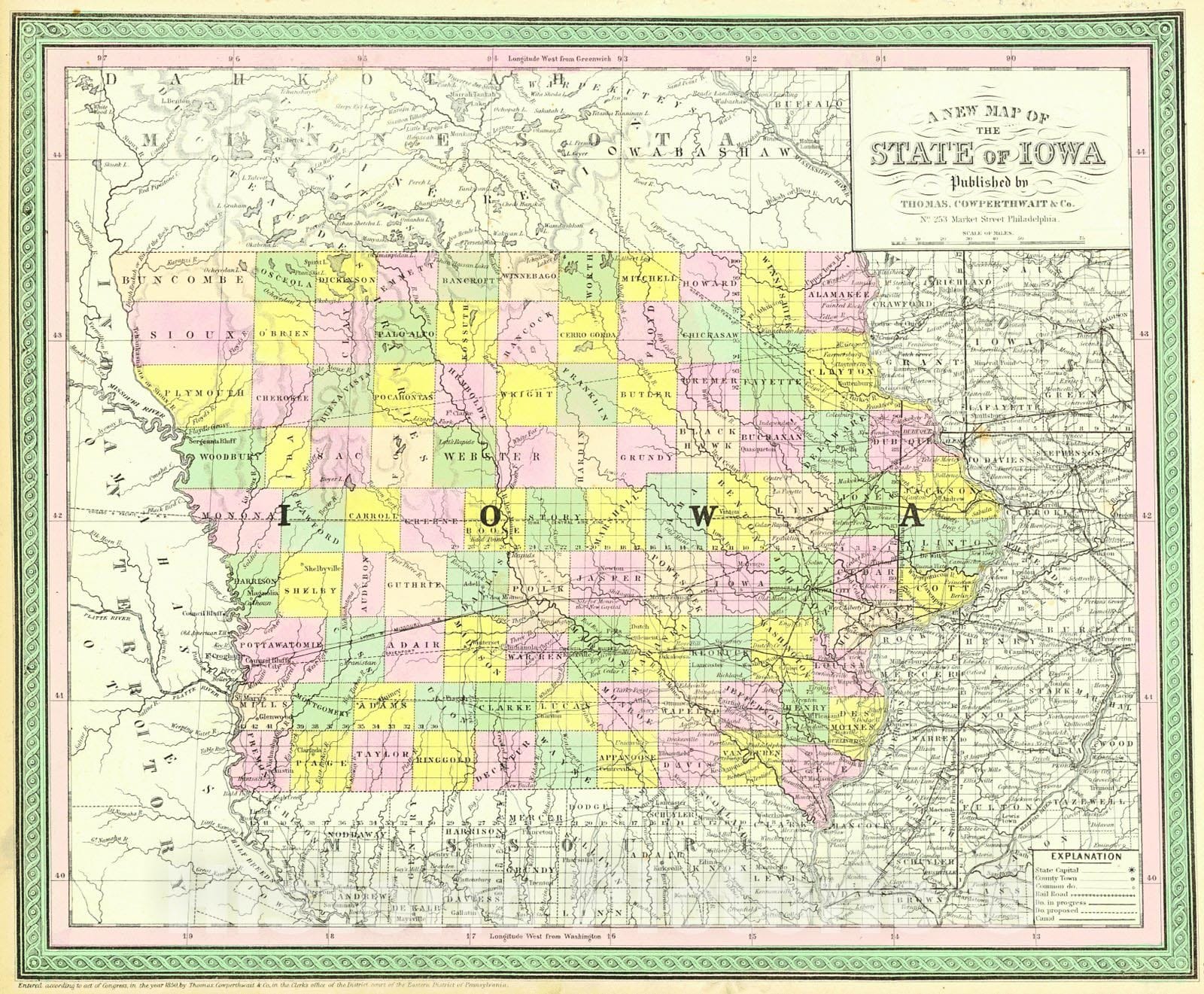 Historic Map : 1854 A New Map of the State of Iowa : Vintage Wall Art
