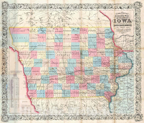 Historic Map : 1855 Colton's Township Map of the State of Iowa : Vintage Wall Art