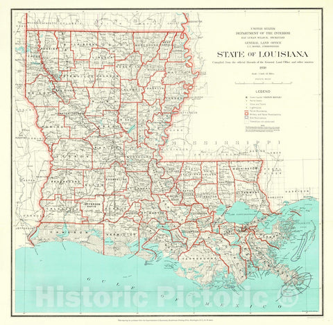 Historic Map : 1930 State of Louisiana : Vintage Wall Art