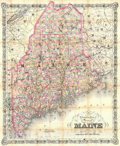 Historic Map : 1884 Township Map of the State of Maine with Adjoining Portions of Canada and New Brunswick : Vintage Wall Art