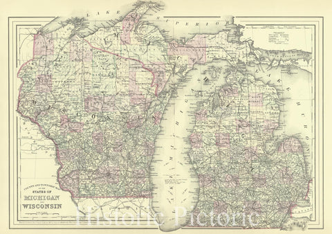 Historic Map : 1886 County and Township map of the States of Michigan and Wisconsin : Vintage Wall Art