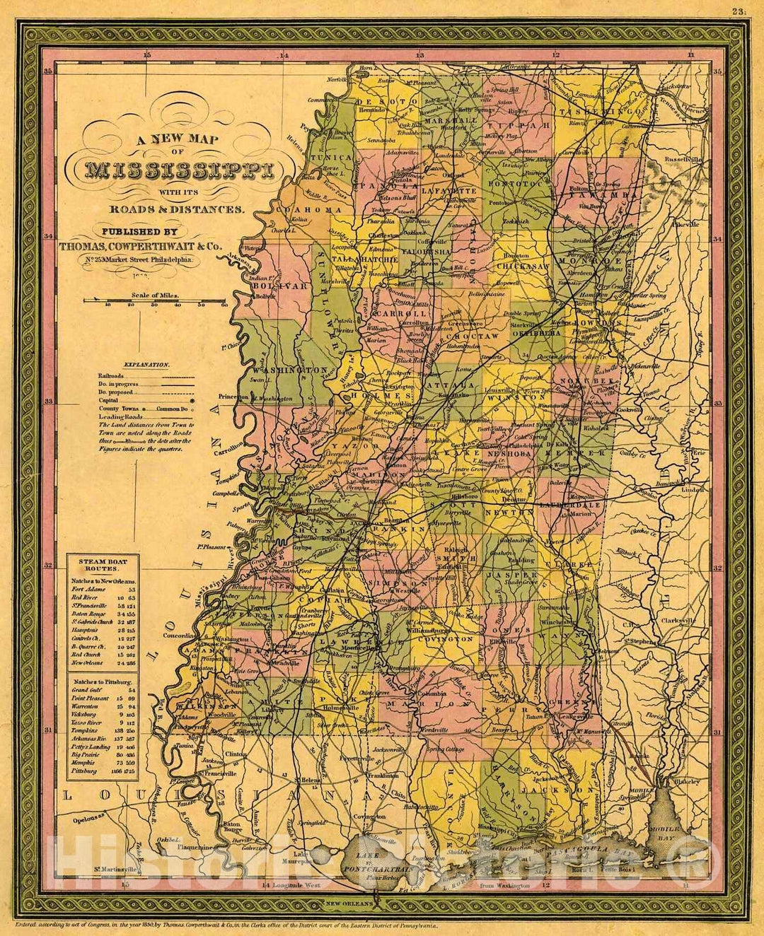 Historic Map : 1850 A new map of Mississippi with its roads and distances : Vintage Wall Art