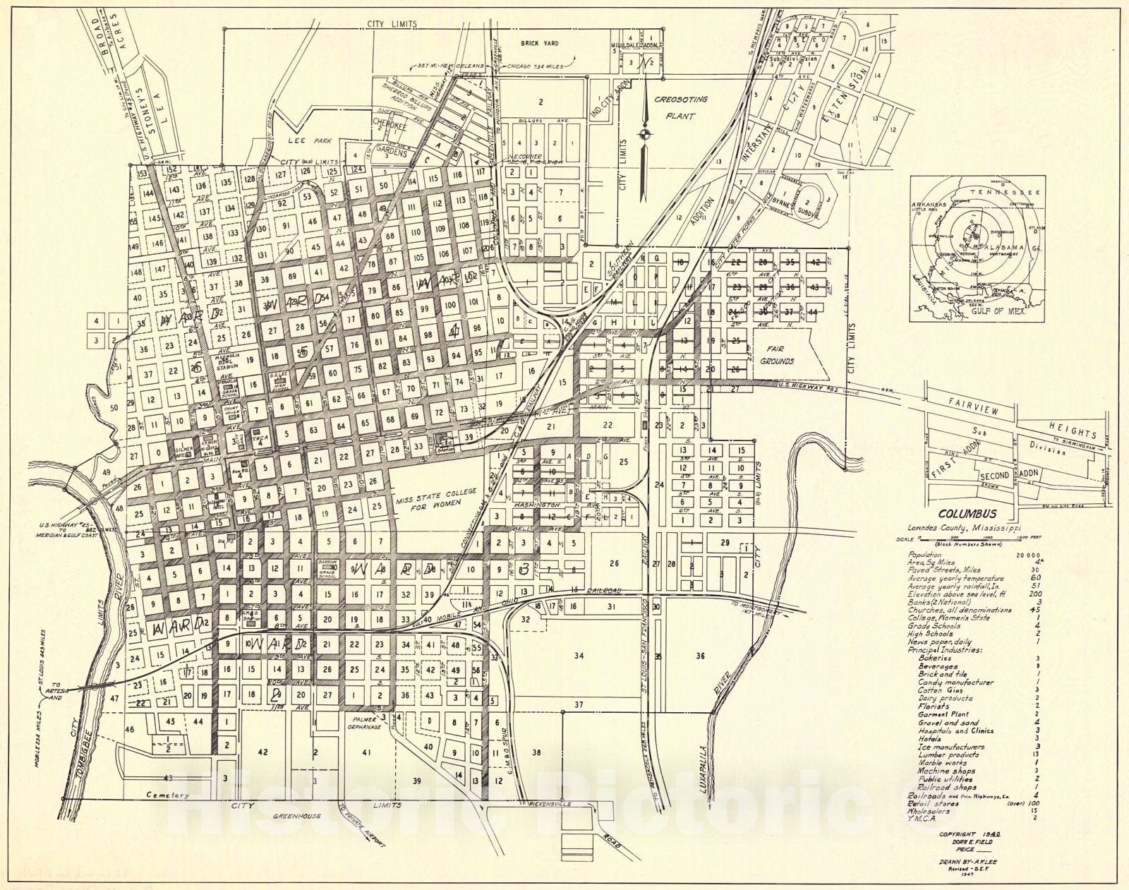 Historic Map : 1947 Columbus, Mississippi : Vintage Wall Art