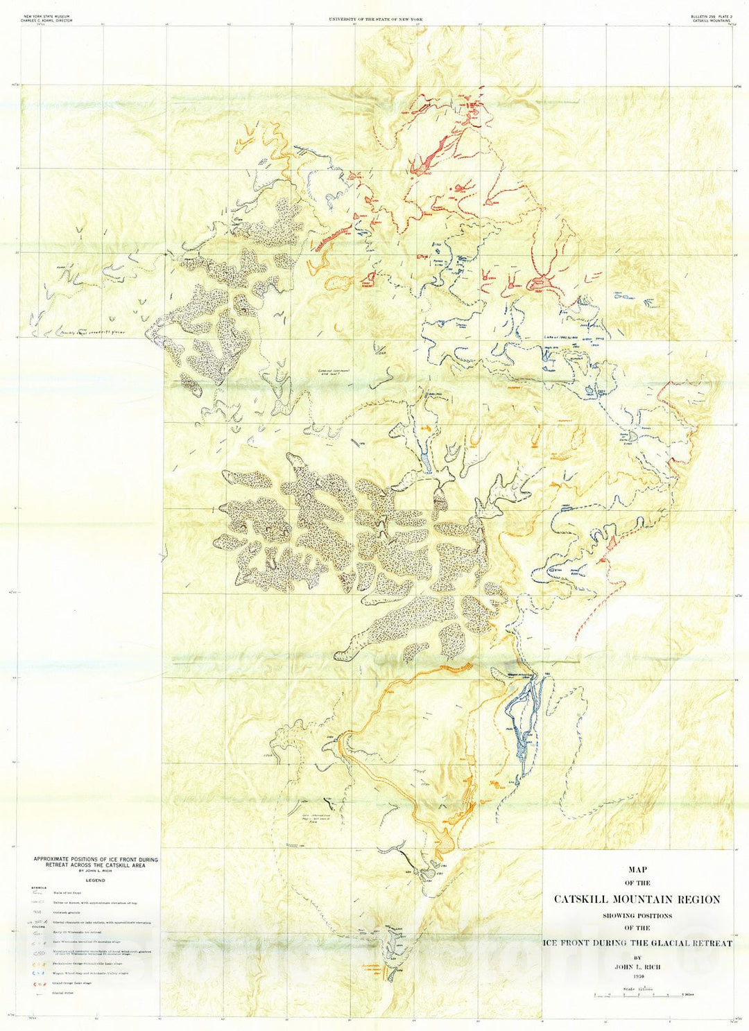 Historic Map : 1935 Map of the Catskill Mountain Region showing positions of the Ice Front during the Glacial Retreat : Vintage Wall Art
