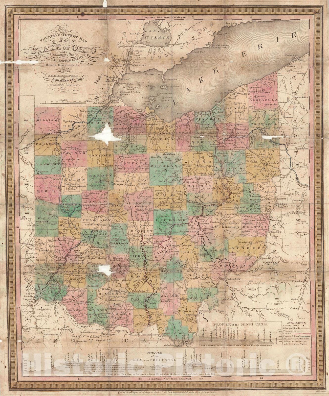 Historic Map : 1833 Tourists Pocket Map of the State of Ohio : Vintage Wall Art