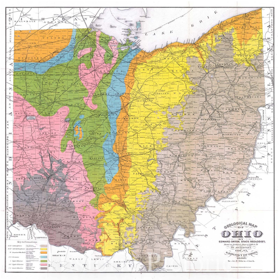 Historic Map : 1888 Geological Map of Ohio to Accompany Vol. VI, Geology of Ohio : Vintage Wall Art