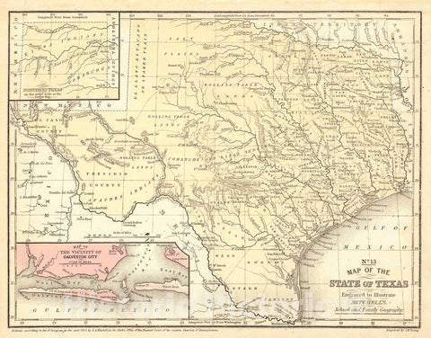 Historic Map : 1852 Map of the State of Texas, Inset: Map of the vicinity of Galveston City & Northern Texas : Vintage Wall Art
