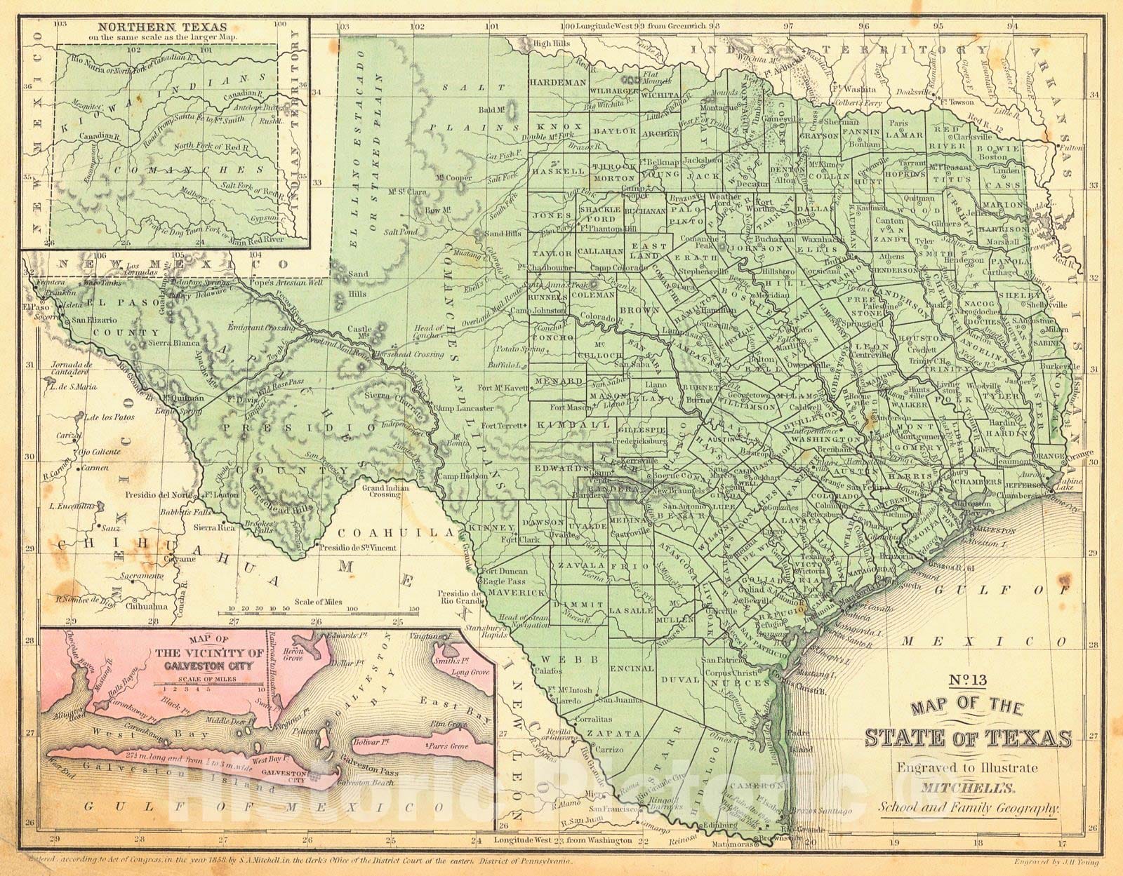 Historic Map : 1858 No. 13 Map of the State of Texas : Vintage Wall Art