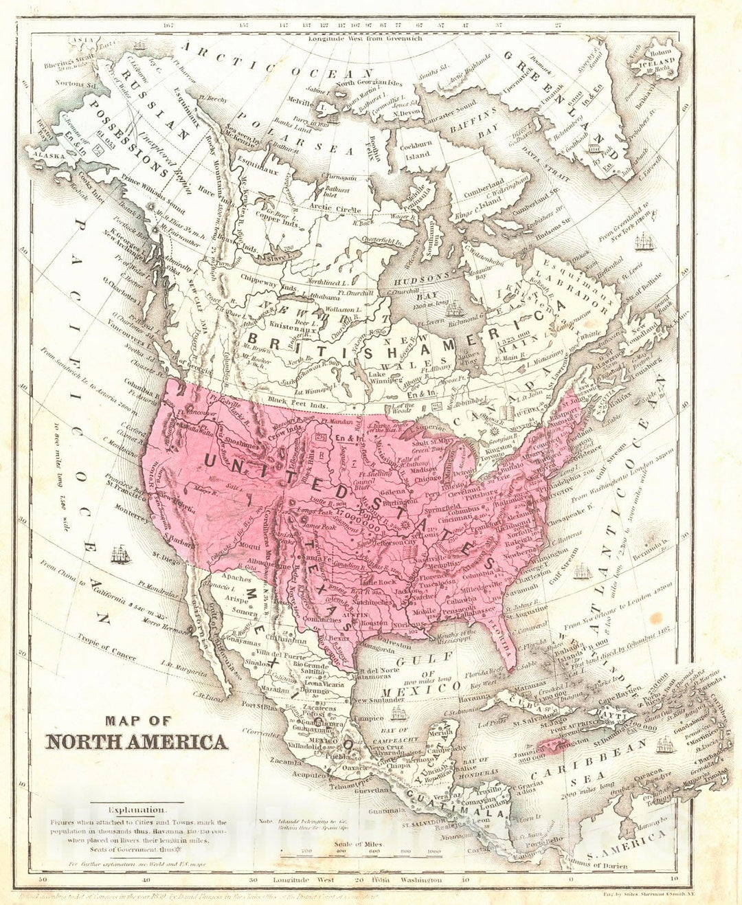 Historic Map : 1850 Map of North America : Vintage Wall Art