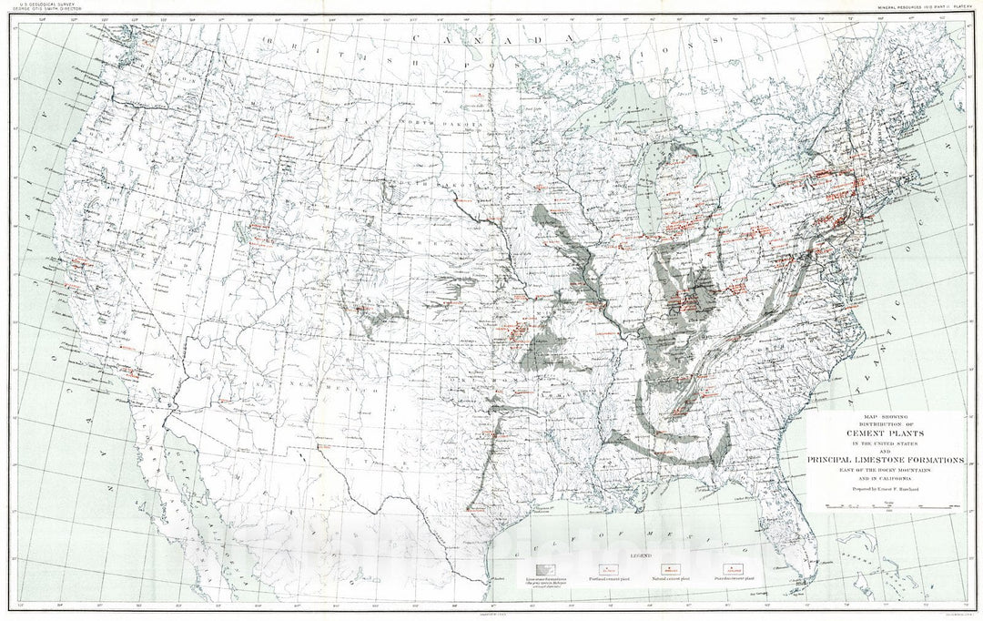 Historic Map : 1911 Map showing distribution of cement plants in the United States and principal limestone formations : Vintage Wall Art