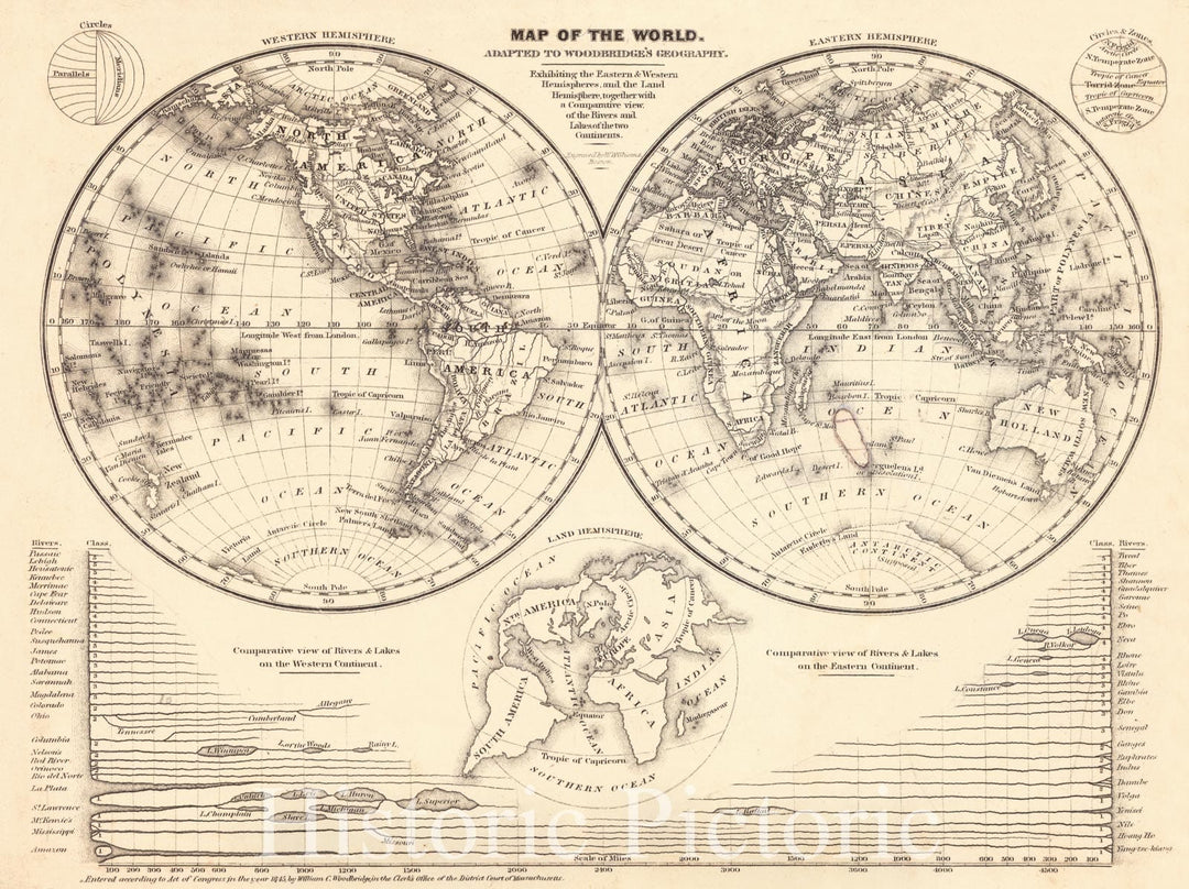 Historic Map : 1845 Map of the World Adapted to Woodbridge's Geography of the Eastern & Western Hemispheres, together with a Comparative View of the Rivers anmd Lakes : Vintage Wall Art